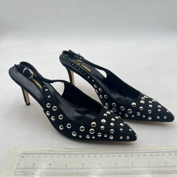 Tang'scuisins Black Studded High Heels Slingback Pointy Toe Pumps Sexy Sandals - Picture 4 of 8